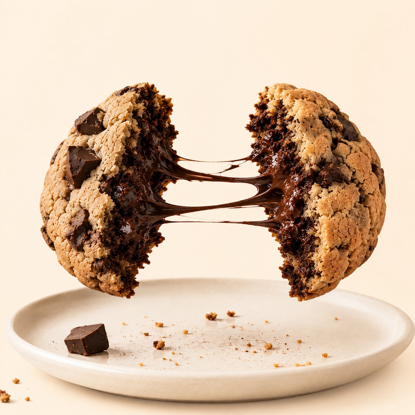 A Gooie cookie pulled apart above a plate, melted chocolate stretching between the halves